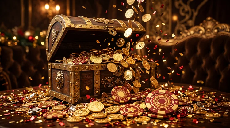 Feestelijke bonusscène met munten uit een schatkist, confetti en fiches op donkere achtergrond