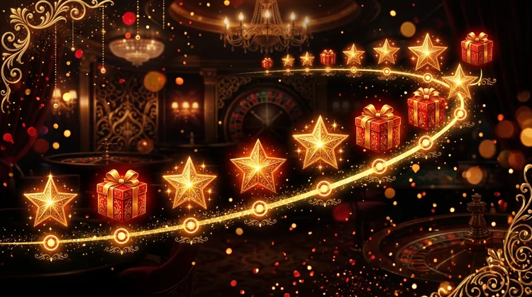 Kalender en tijdlijn met bonussen, sterren en cadeausymbolen in warme casino-kleuren