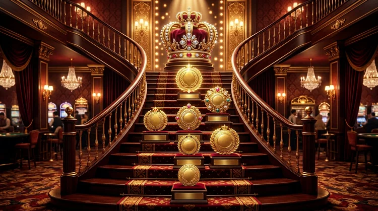 Loyaliteitstrap met gouden medailles en trofeeën en een VIP-symbool bovenaan