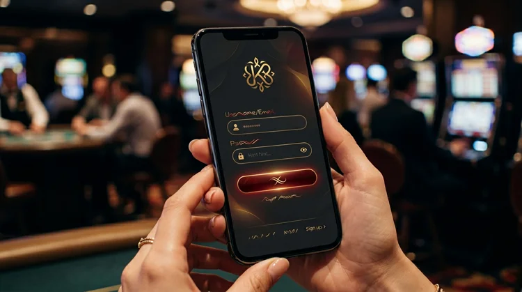 Smartphone met stijlvol casino-inlogscherm en gouden accenten op donkere achtergrond