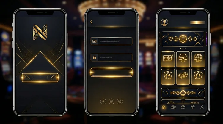Drie stappen van het inlogproces op schermen: start, inlogformulier en spellobby in donkere casino-stijl