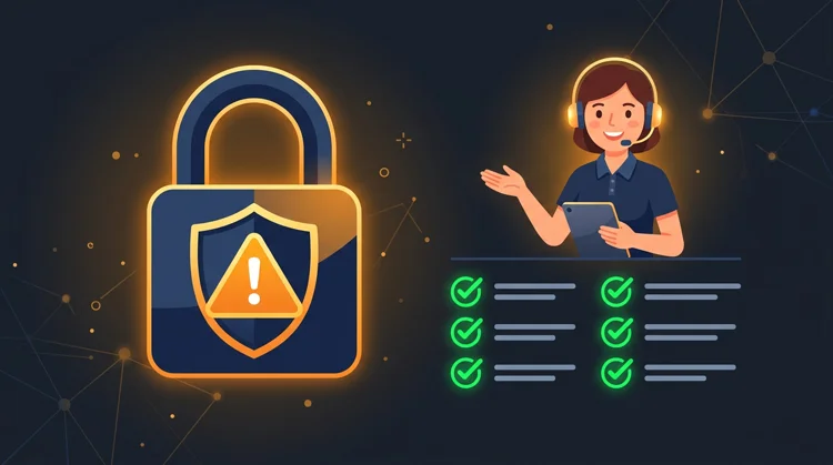 Illustratie van ondersteuning bij inlogproblemen: slot, waarschuwing en vriendelijke helpdesk-stijl met vinkjes