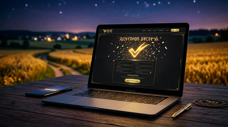 Laptop met registratieformulier in goud en donker thema en geslaagde registratie als visueel concept