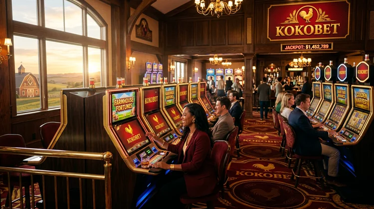 Warm verlichte casinoscène met gouden en rode accenten en gokkasten op de achtergrond
