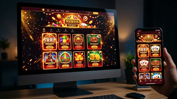 Online casinolobby op monitor en smartphone met goud-rode accenten tegen een donkere achtergrond