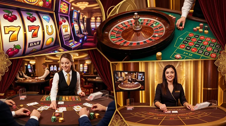 Collage van populaire casinospellen: slots, roulette, blackjack en live dealer in warme tinten