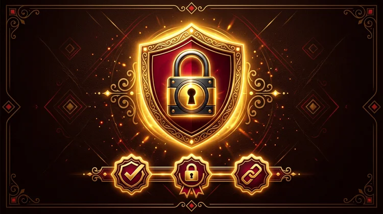Casinoveiligheid: hangslot, schild en SSL-concept in goud op donkerbruine achtergrond