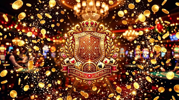 Feestelijke banner met gouden munten, sterren en casino-embleem in KokoBet-kleuren