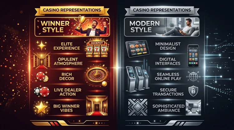 Vergelijking van twee casino's: links uitgelicht in goud en rood, rechts neutraal grijs, infographic-stijl