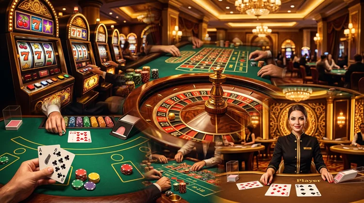 Collage van casinospellen: slots, roulette, blackjack en live dealer in warme goud-bruin-rode tinten