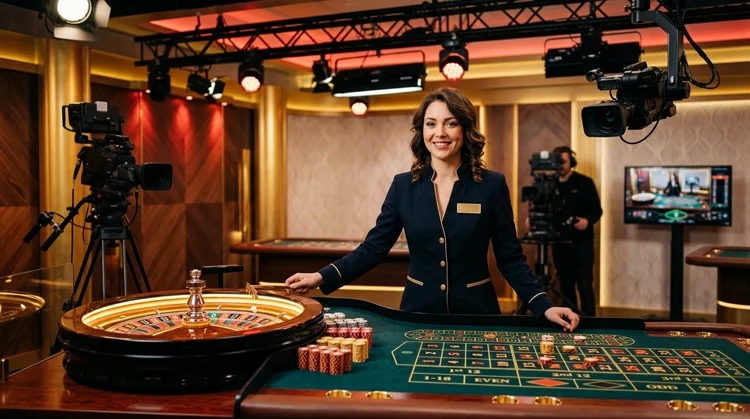 Live casino-studio met dealer achter een roulettetafel en professionele verlichting