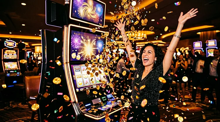 Jackpotwinnende sfeer met munten en confetti rond een gokkast op een donkere achtergrond