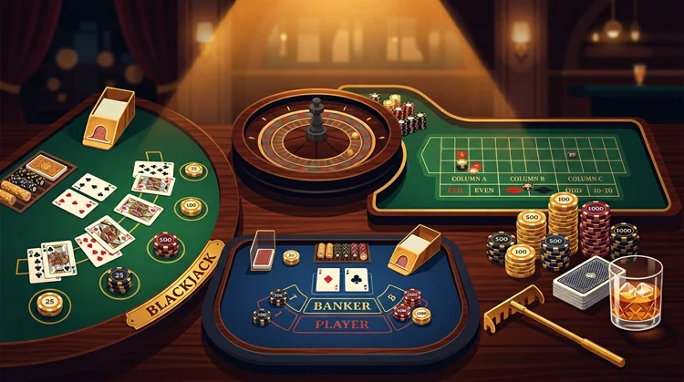 Digitale tafelspellen: blackjackkaarten, roulette en fiches op donker hout met amberlicht