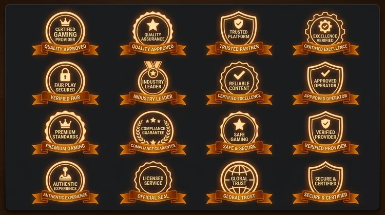 Abstract raster van spelprovider- en kwaliteitsbadges op een donker paneel met zachte gloed
