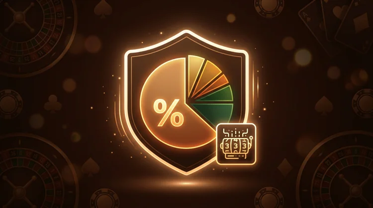 Abstract beeld van eerlijke spellen: RTP-indicator, auditconcept en RNG-pictogram op donkere achtergrond