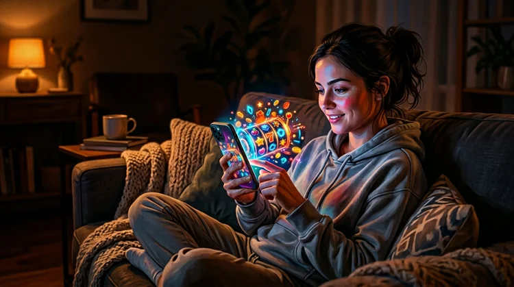 Speler gebruikt mobiele slots op een smartphone in een donkere kamer met gloed van het scherm