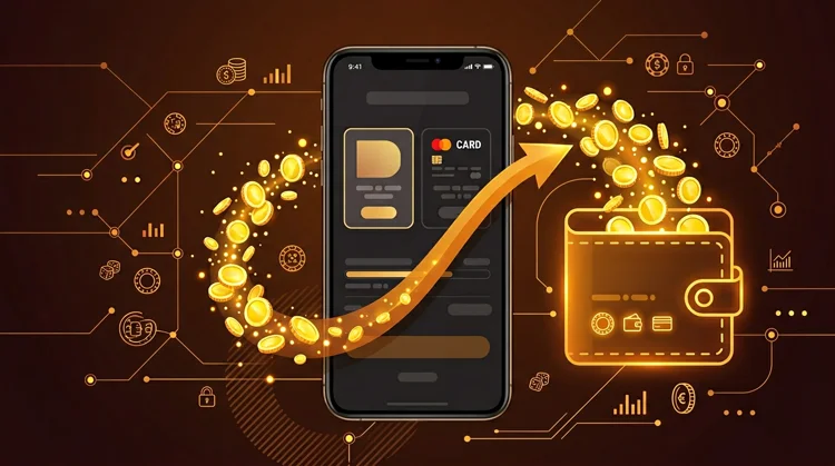 Illustratie van het stortingsproces: smartphone, stortingsopties en munten die naar een digitale wallet stromen