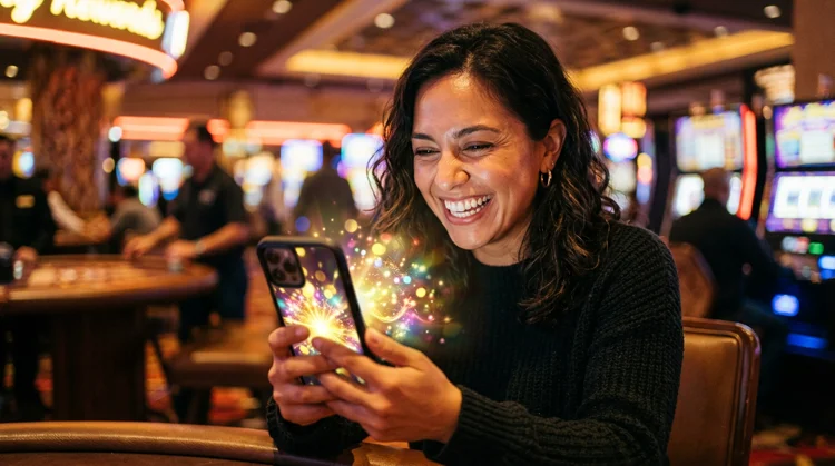 Tevreden speler bekijkt een uitbetalingsbevestiging op een smartphone met warme gouden belichting