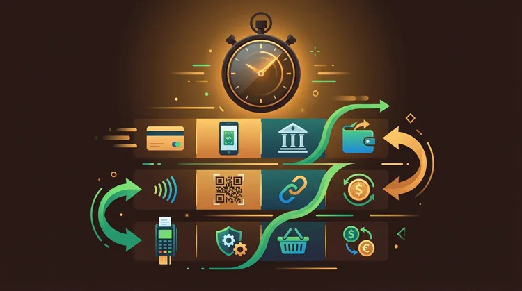 Infographic met stopwatch en pictogrammen die verwerkingstijden van betaalmethoden uitbeelden