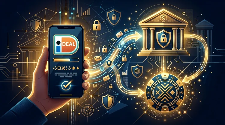 Schema van een veilig iDEAL-betalingsproces tussen bank, smartphone en casino-account