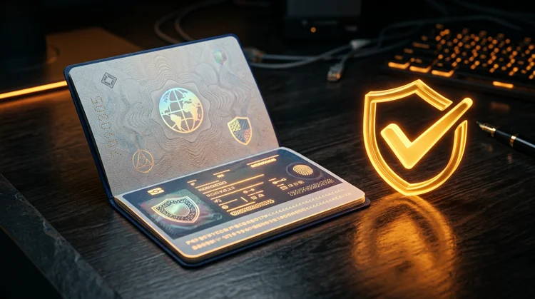 Symbolische weergave van KYC-verificatie met document en gouden vinkje op een donkere achtergrond
