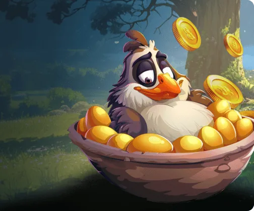Kokobet-vogel in een nest vol gouden munten
