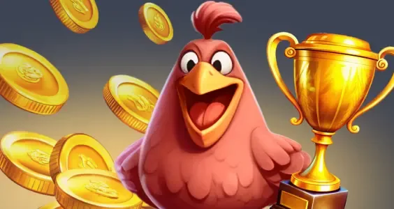 Rode Kokobet-kip met gouden beker en munten